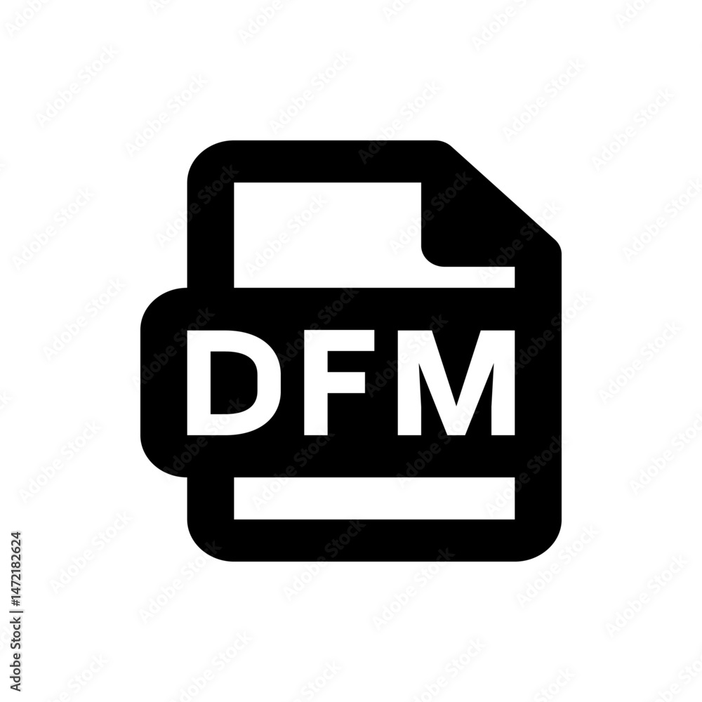 Poster illustration of a dfm file format icon with a black background and white text representing the file 