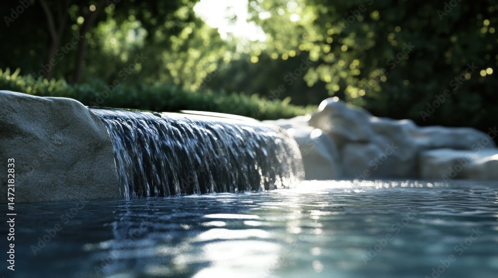 Poster Serene waterfall cascading over light grey rocks into a calm pool, bathed in soft sunlight filtering through lush green trees. : Generative AI