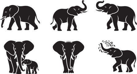 Black and white vector illustration of various playful and majestic african elephant silhouettes © fay009