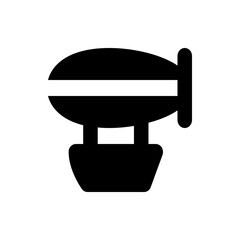 Illustration of a black blimp or airship with a gondola and a single propeller on the right side view