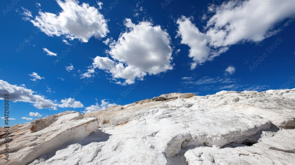 Poster White rock formations rise against a vibrant blue sky dotted with fluffy cumulus clouds, creating a striking contrast of textures and colors. : Generative AI