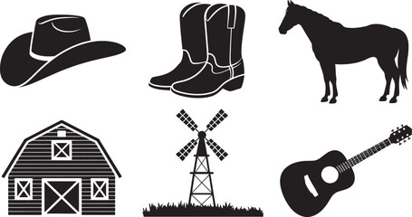 Black and white vector illustrations of cowboy hat boots horse barn windmill and guitar