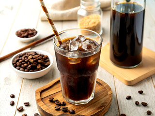Refreshing iced coffee with ice and straw.