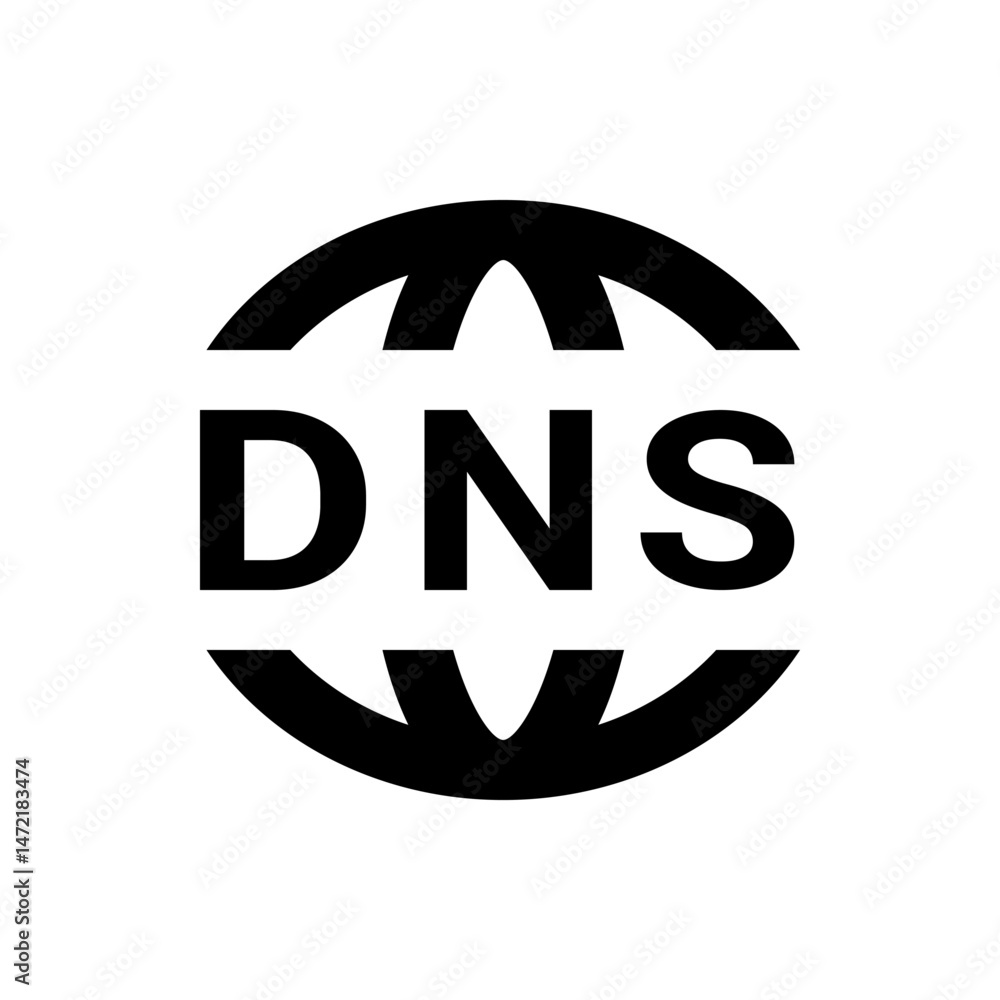 Poster black and white dns logo with a stylized globe design representing domain name system and internet c