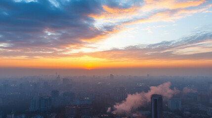 Naklejka premium A hazy sunrise paints the cityscape in warm orange and soft blue hues, as smoke rises from the city below, creating a dramatic, atmospheric scene. : Generative AI