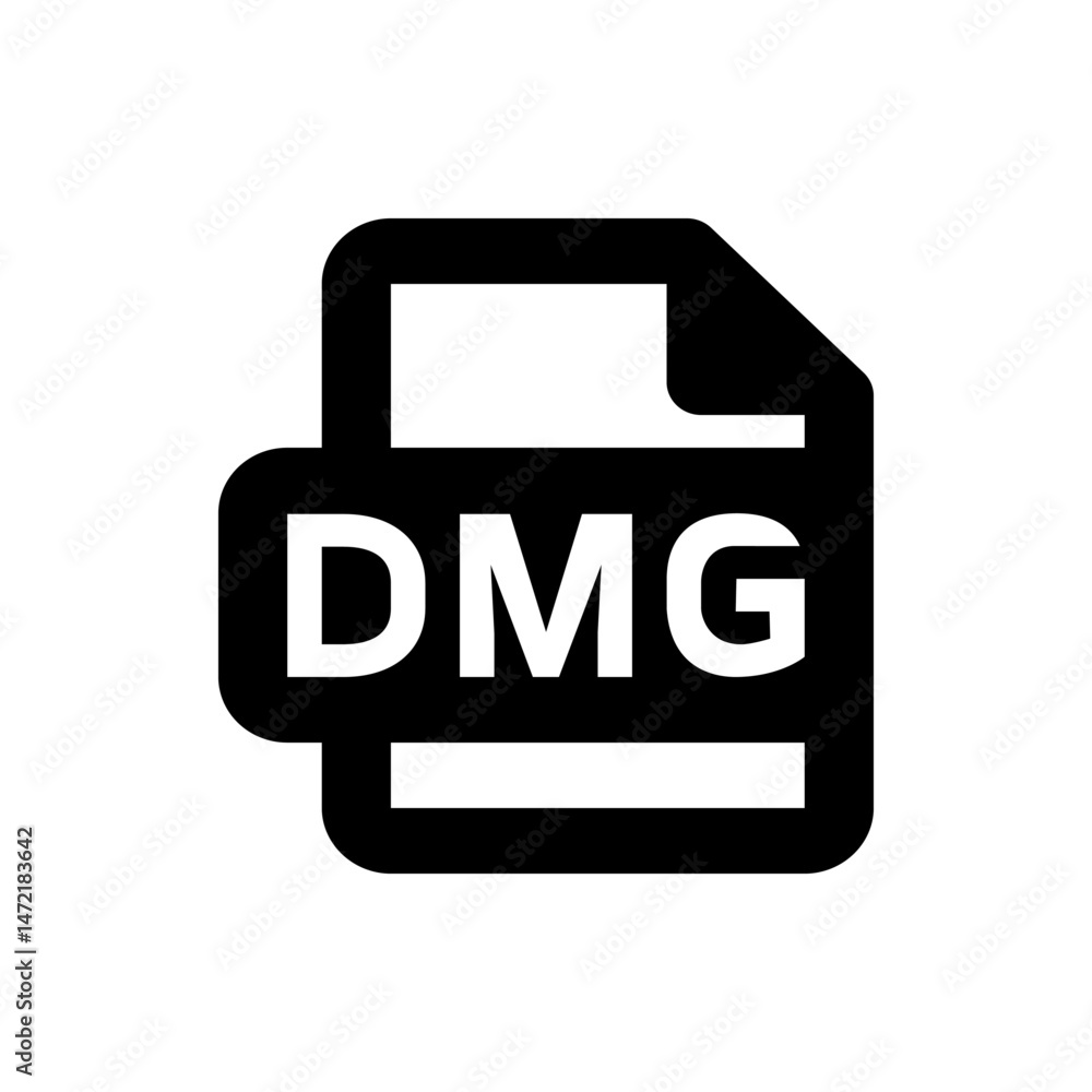 Poster illustration of a black and white dmg file icon with a folded corner representing a disk image forma