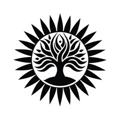 A black and white stylized tree of life within a circle of sun rays symbolizing growth and harmony