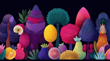 Vibrant Fantasy Fruit Forest A whimsical illustration of colorful fruit-shaped trees and plants