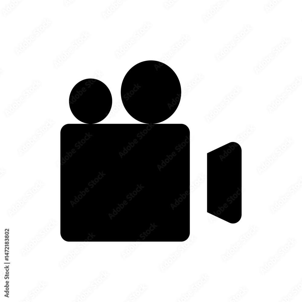 Poster illustration of a black video camera with rounded edges and two circles on top in a simple style