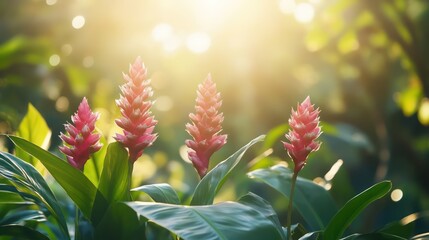 Tropical flowers in lush jungle scene