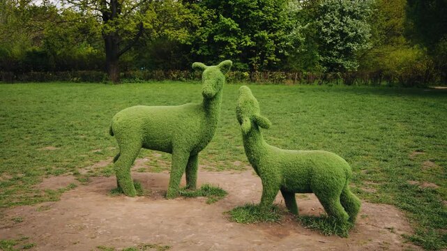 Green animal figures in a park in a large clearing. Cool animal figures