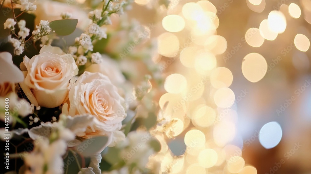 Poster closeup of delicate peach roses and baby's breath, softly illuminated by warm bokeh lights, creating