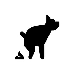 Silhouette of a dog defecating, with a pile of feces visible on the ground, in a simple black and white style