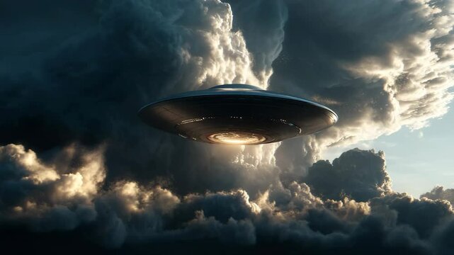 A massive UFO hovers ominously among dramatic storm clouds, casting an ethereal glow through the sky.