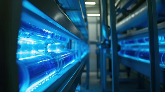 Industrial ultraviolet water purification system blue light technology equipment clean with modern blue ultraviolet light tubes for sterilization, advanced water purification system, and clean