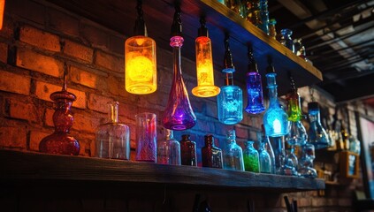 Colorful bottles and lamps on a rustic wooden shelf, against a brick wall.  The bottles are various shapes and colors, illuminated by colorful, glowing lamps