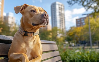Adorable fawn-colored dog resting on a park bench, looking attentively at city skyline.