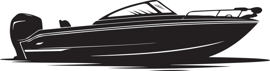 Boat silhouette vector illustration. Side view of a sleek speed boat in black. Watercraft design for marine and boating theme