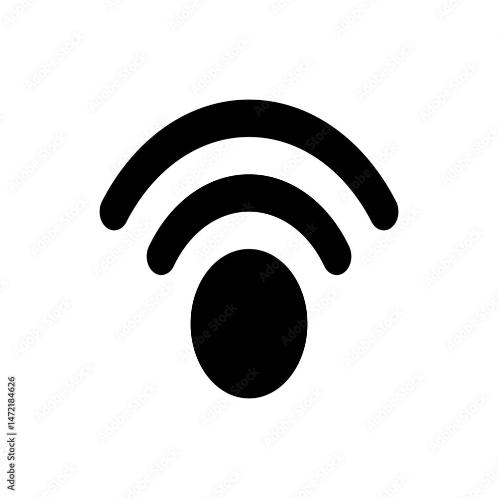 Poster illustration of a wifi signal icon with a circle and three curved lines in a simple black and white 