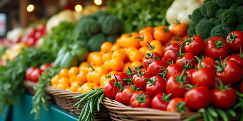 Fresh tomatoes and various vegetables displayed in baskets at a farmers market