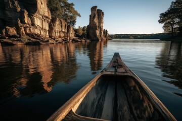 Fototapeta premium eye-level boat view in the center of a quiet river, facing a dramatic giant stone shaped like a pagoda emerging from the water,