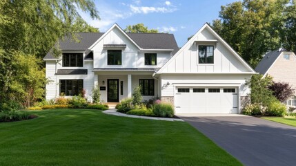 Fototapeta premium A charming white farmhouse style home with a spacious lawn, showcasing black windows and a two-car garage, sits on a tree-lined suburban street. : Generative AI
