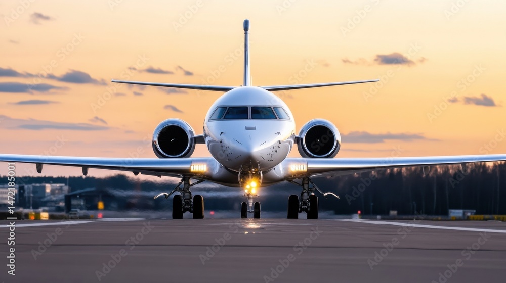 Poster private jet taxiing on runway at sunset, gleaming silver fuselage reflecting golden light, powerful 