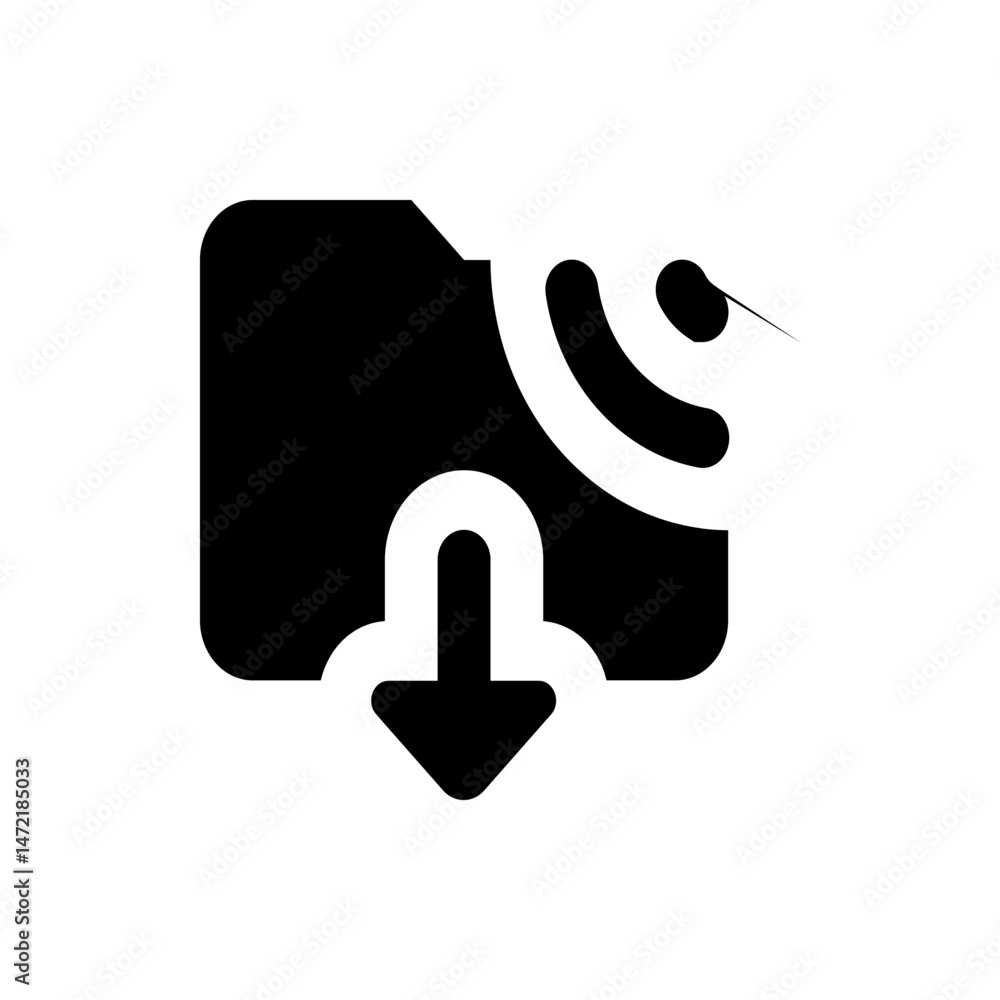 Poster file download icon with wireless signal indicating data transfer in a simple black and white design 