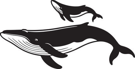 Illustration of a mother whale and calf swimming together in a clean silhouette design
