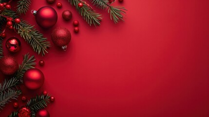 Red Christmas Ornaments and Pine Branches on Red Background