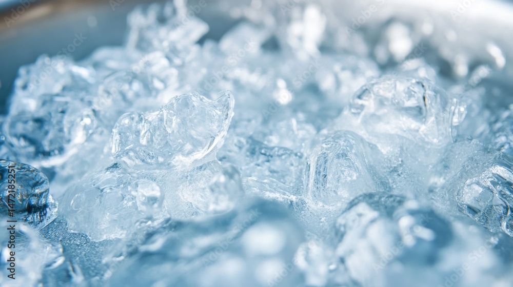 Poster Close-up view of a pile of translucent ice cubes, glistening with a cool, icy texture.  The image showcases the intricate crystalline structures and subtle light reflections. : Generative AI