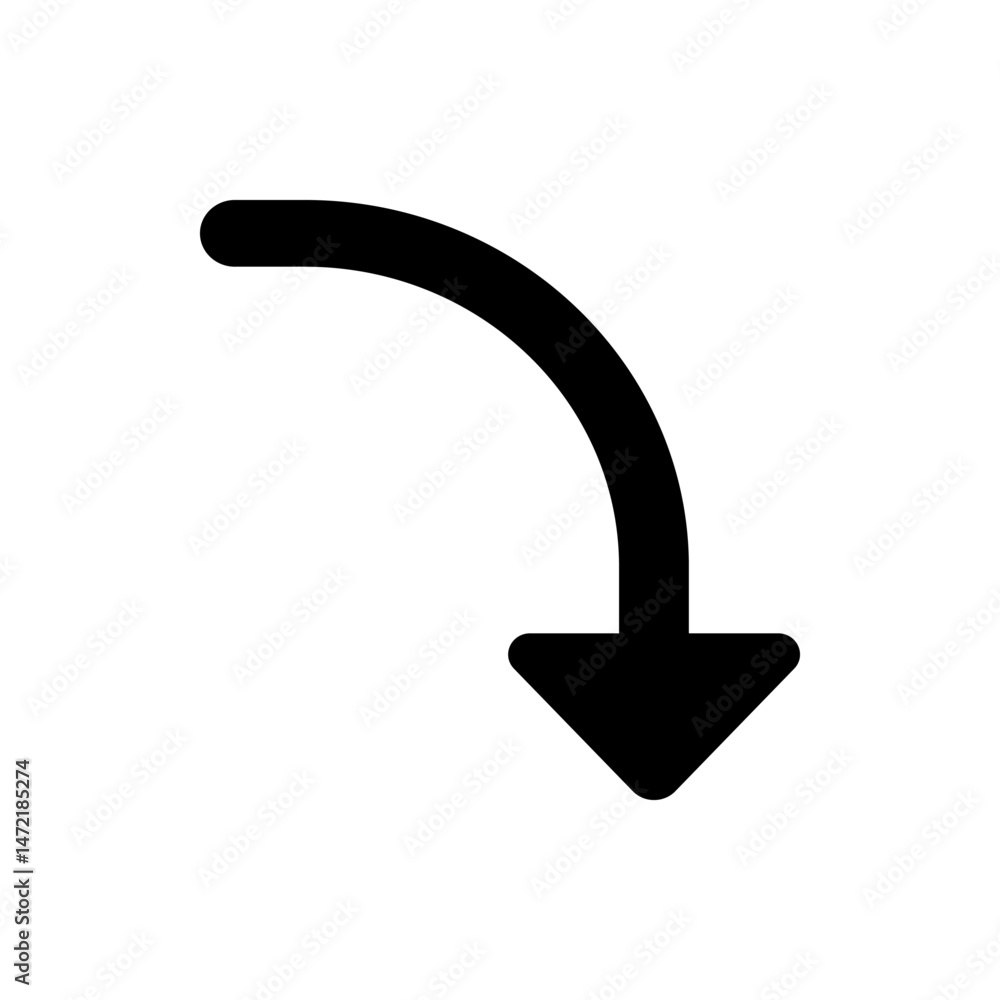Poster a curved arrow pointing downwards in black color isolated on white background indicating a direction