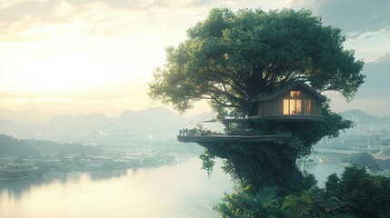 Fototapeta premium A serene treehouse perched high above a misty river valley.