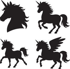 Set of magical unicorn silhouettes in various poses for creative design and illustration