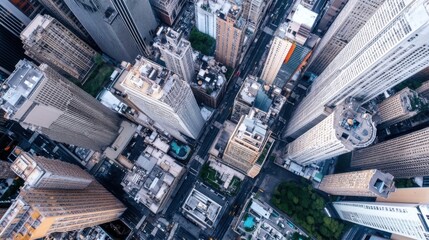 Aerial view of a dense urban cityscape, showcasing numerous skyscrapers and city streets intersecting in a complex grid pattern.  The image offers a bird's-eye perspective of modern ar : Generative AI