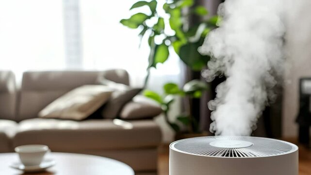 Air purifier humidifier with visible steam modern living room, green plant, sunlight, cozy sofa, and table create comfort, relaxation, and healthy home atmosphere with fresh clean air and peaceful