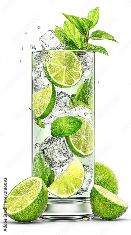 Leinwandbilder refreshing lime and mint cocktail in a tall glass with ice cubes, perfect for a summer day. the vibr