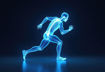 Anatomical Runner: Striking Blue Glowing Figure in Motion, Highlighting Precise Muscle and Joint Detail &ndash; Ideal for Medical Training and Scientific Research.
