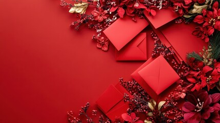 Red Holiday Envelopes and Festive Decorations on Red Background