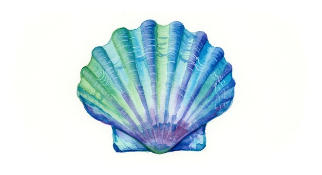 Watercolor seashell painting in blue and green hues
