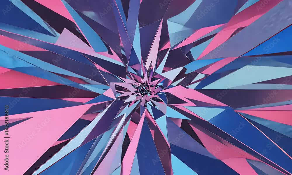 Poster abstract geometric composition of exploding triangular shapes in blue pink and purple tones