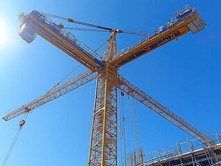 A yellow construction crane extends across a bright blue sky backdrop. Illustrates progress, construction, infrastructure, and economic development.