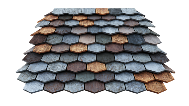 Textured hexagonal roof tiles in various colors.