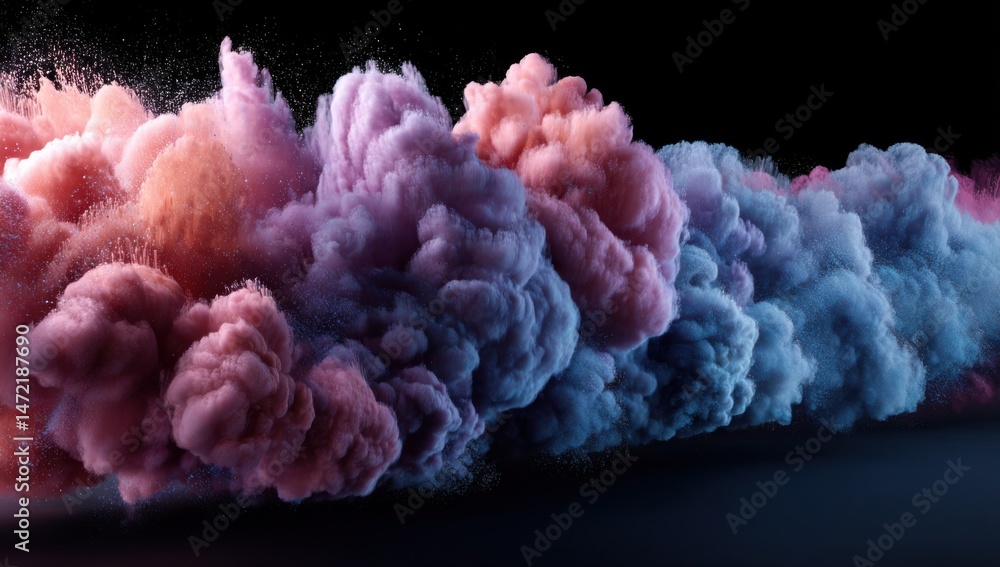 Leinwandbilder Abstract swirling clouds of pink, purple, and blue hues explode across a black background, creating a dynamic and vibrant visual effect. : Generative AI