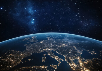 Fototapeta premium Night view of Europe from space, showing city lights and the curvature of the Earth against a backdrop of stars. : Generative AI