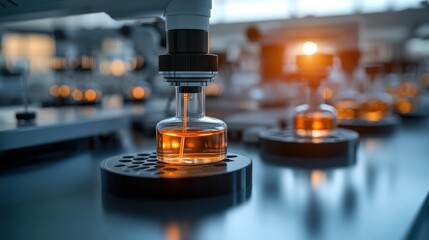 A robotic arm carefully analyzes a liquid sample inside a small vial in a high tech laboratory setting.