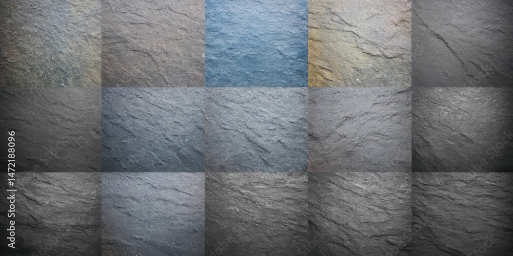 Poster a detailed image showcasing a grid of various slate stone textures, exhibiting a range of gray, blue
