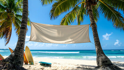 Blank white banner hanging on palm trees by a tropical beach and the ocean