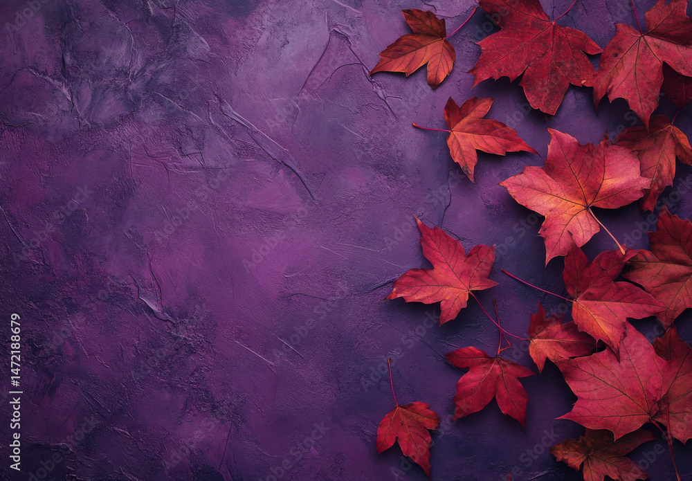 Aufkleber red autumn maple leaves scattered on a textured purple background, creating a vibrant fall scene per