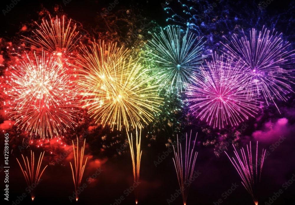 Poster vibrant rainbow fireworks display exploding in the night sky, creating a spectacular and colorful li